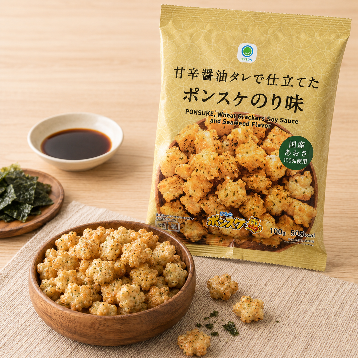 일본 패밀리마트 간장소스 폰스케 김맛 쌀과자 센베 스낵 100g